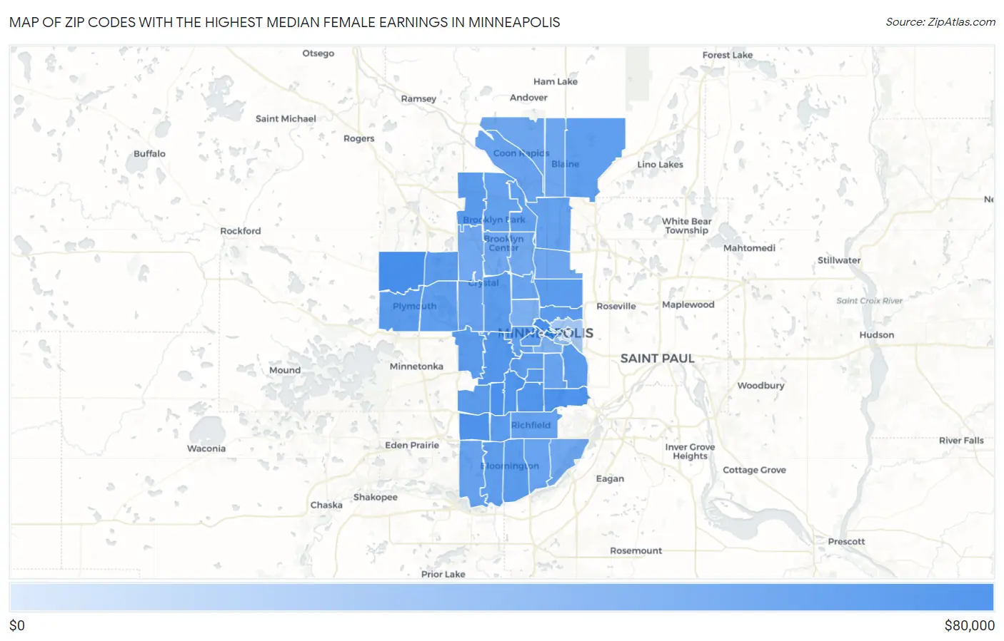 Zip Codes with the Highest Median Female Earnings in Minneapolis Map