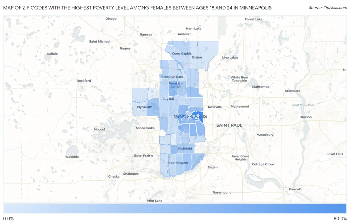 Zip Codes with the Highest Poverty Level Among Females Between Ages 18 and 24 in Minneapolis Map
