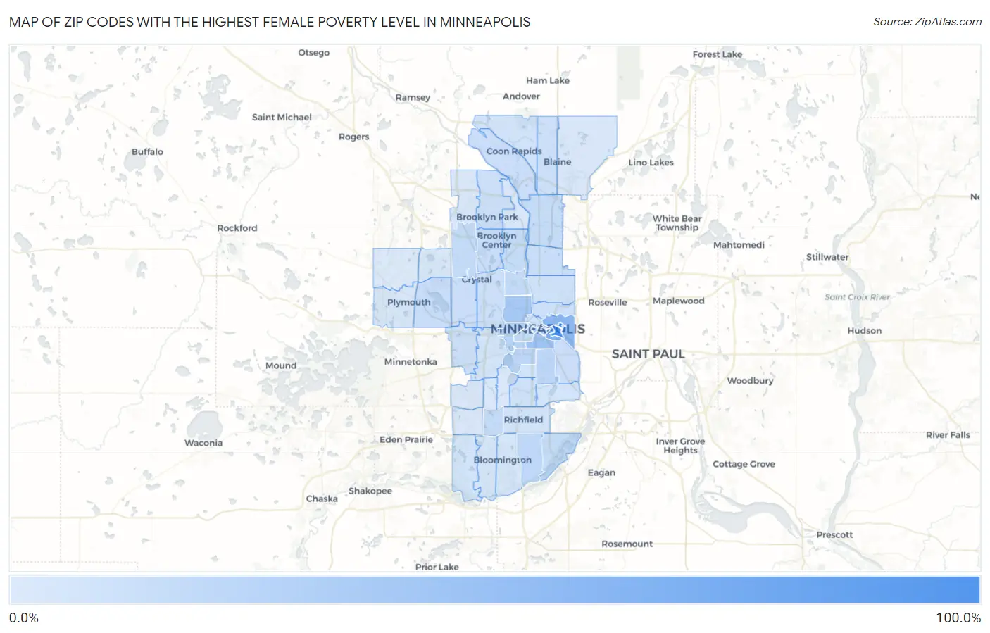 Zip Codes with the Highest Female Poverty Level in Minneapolis Map