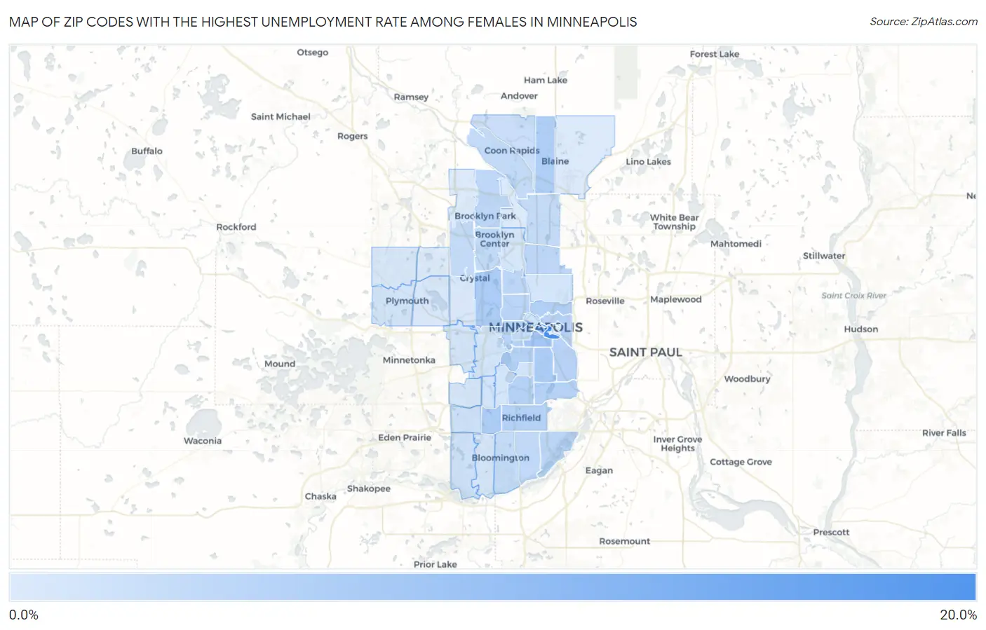 Zip Codes with the Highest Unemployment Rate Among Females in Minneapolis Map