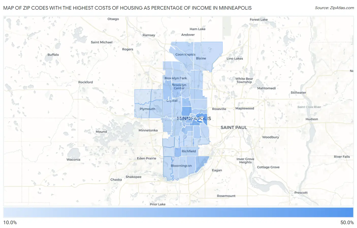 Zip Codes with the Highest Costs of Housing as Percentage of Income in Minneapolis Map