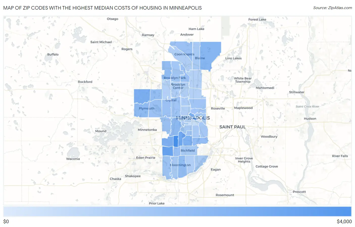 Zip Codes with the Highest Median Costs of Housing in Minneapolis Map