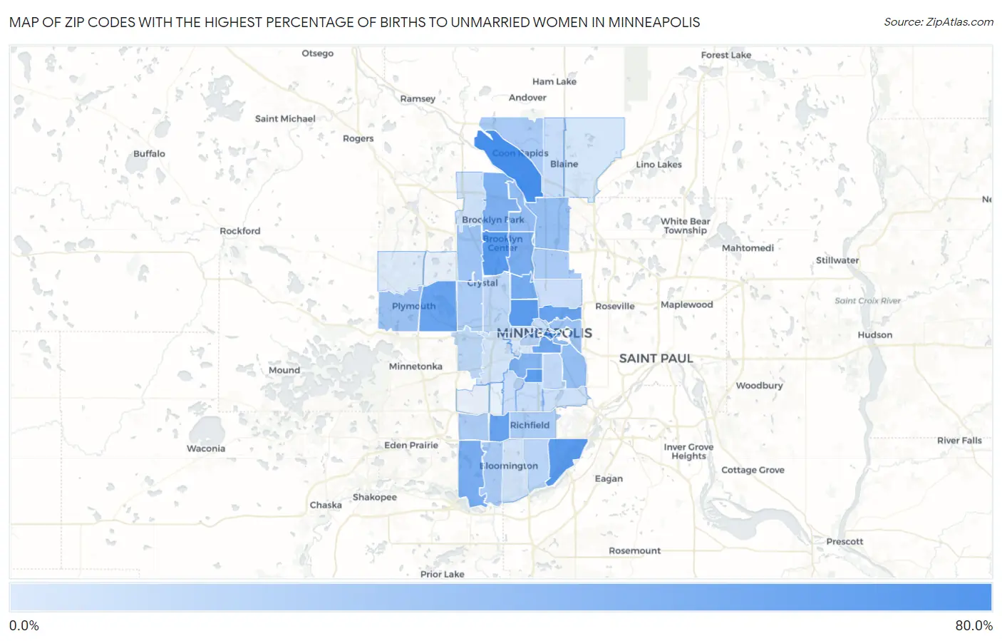 Zip Codes with the Highest Percentage of Births to Unmarried Women in Minneapolis Map