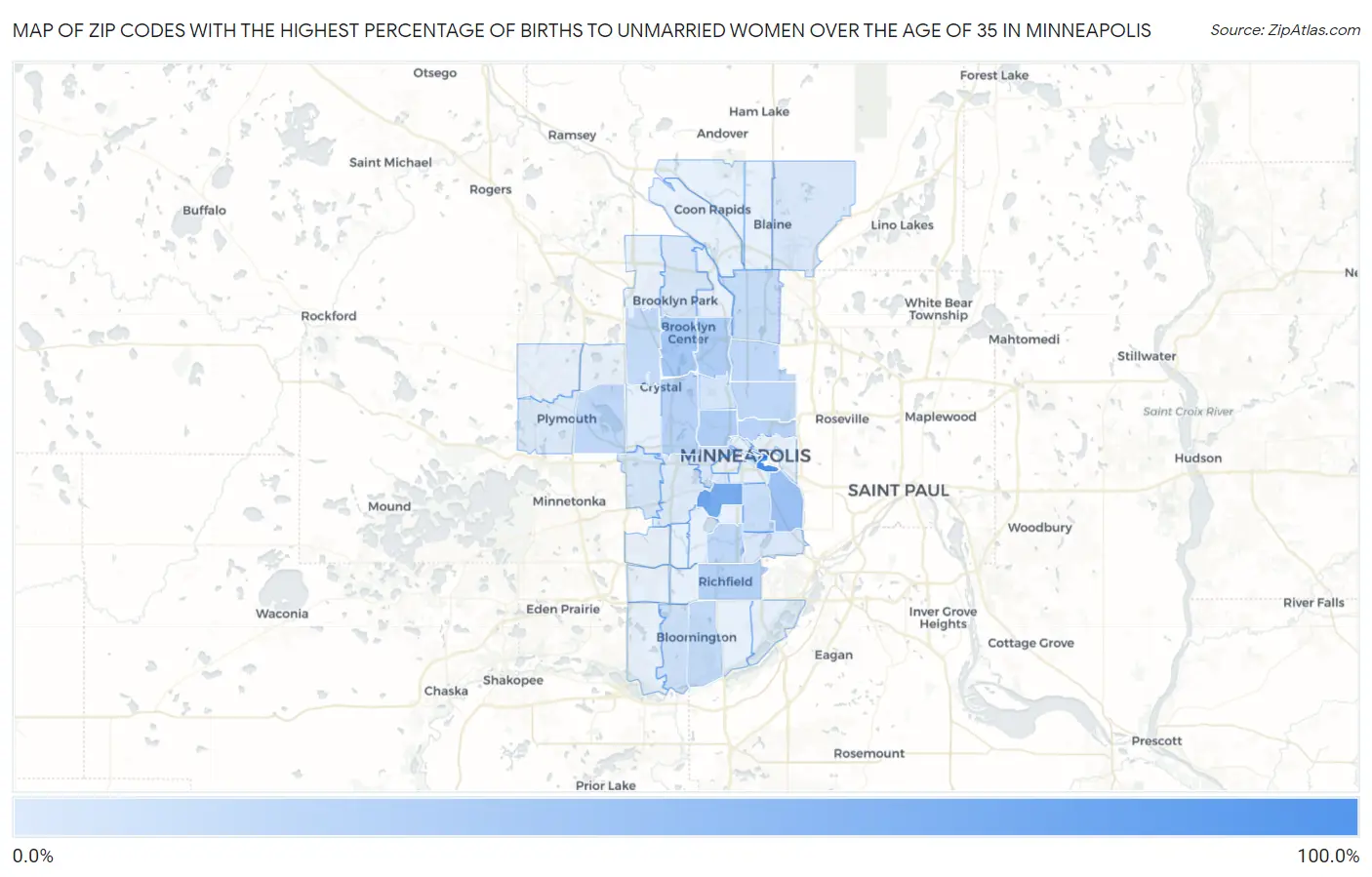 Zip Codes with the Highest Percentage of Births to Unmarried Women over the Age of 35 in Minneapolis Map