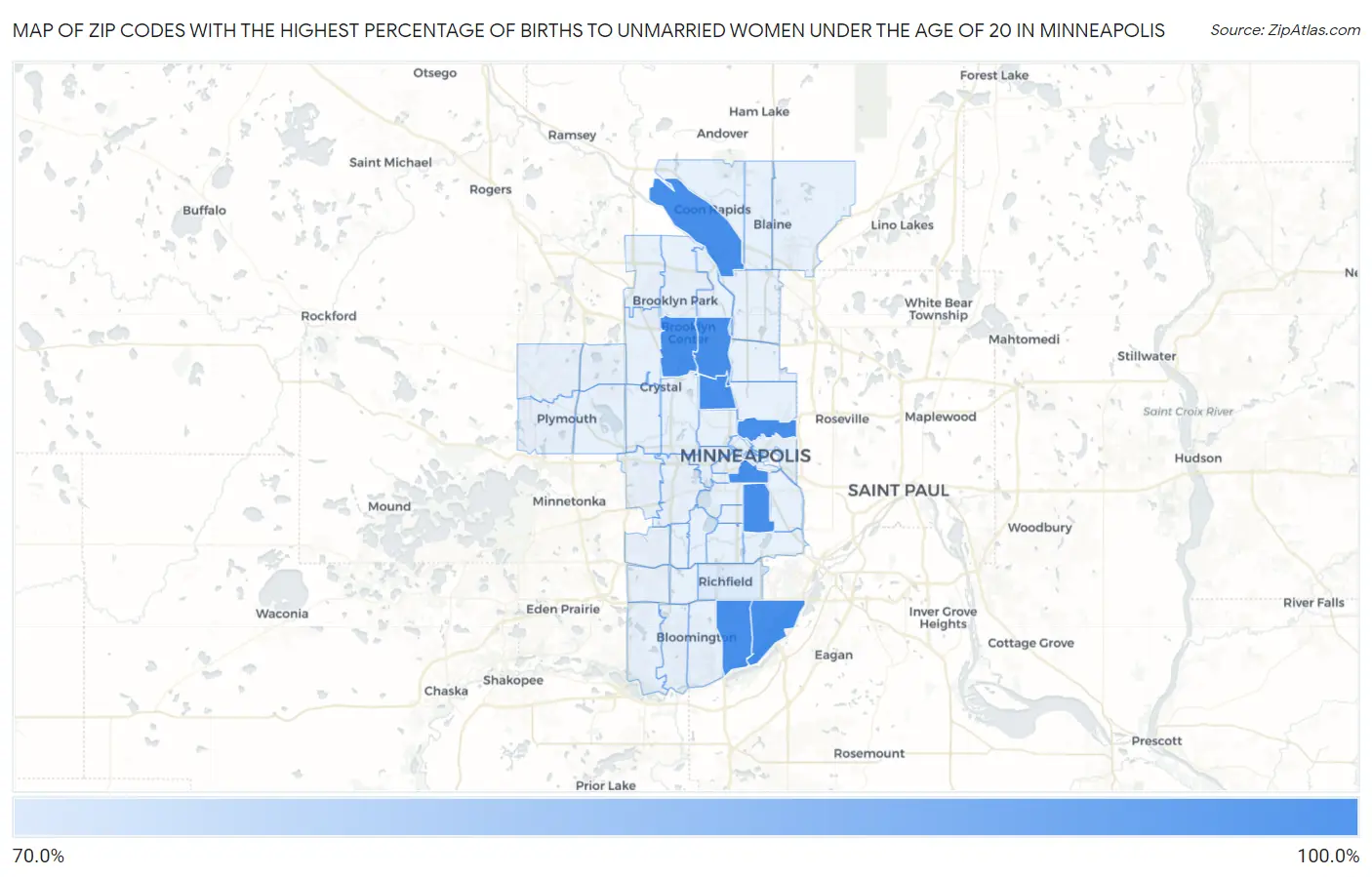Zip Codes with the Highest Percentage of Births to Unmarried Women under the Age of 20 in Minneapolis Map