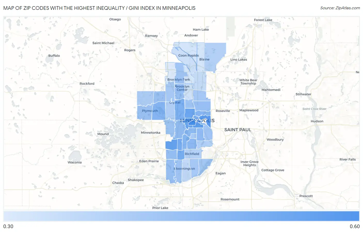 Zip Codes with the Highest Inequality / Gini Index in Minneapolis Map