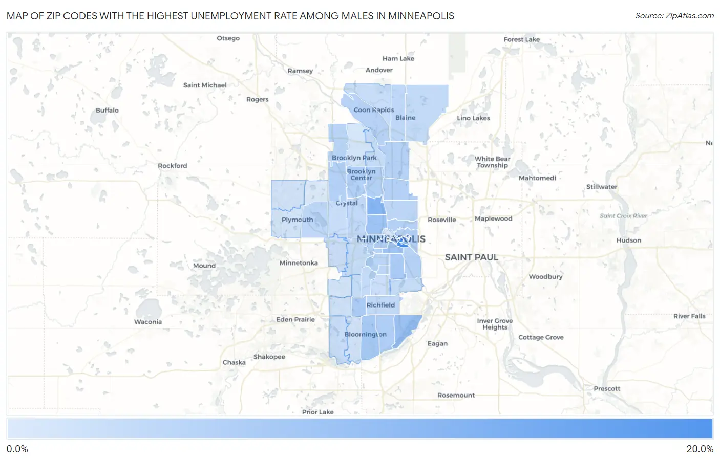 Zip Codes with the Highest Unemployment Rate Among Males in Minneapolis Map