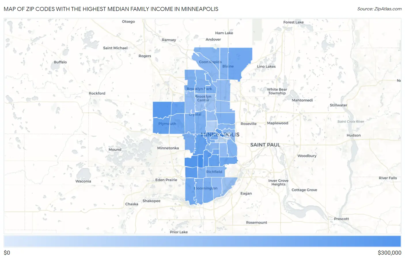 Zip Codes with the Highest Median Family Income in Minneapolis Map