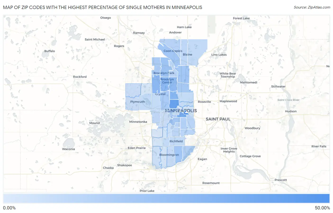 Zip Codes with the Highest Percentage of Single Mothers in Minneapolis Map