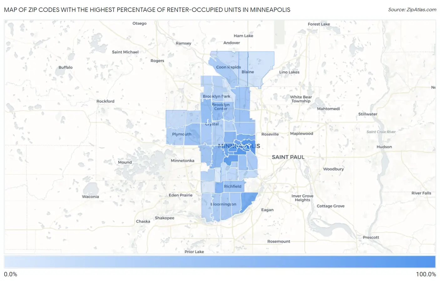Zip Codes with the Highest Percentage of Renter-Occupied Units in Minneapolis Map