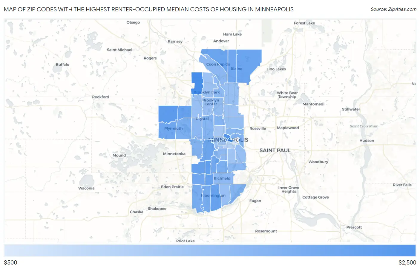 Zip Codes with the Highest Renter-Occupied Median Costs of Housing in Minneapolis Map