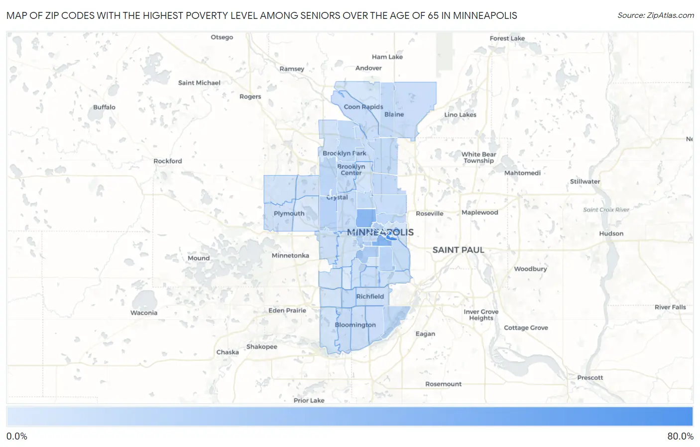 Zip Codes with the Highest Poverty Level Among Seniors Over the Age of 65 in Minneapolis Map
