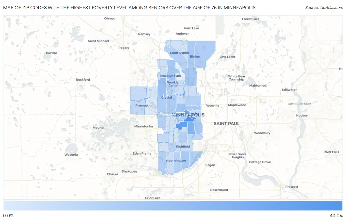 Zip Codes with the Highest Poverty Level Among Seniors Over the Age of 75 in Minneapolis Map