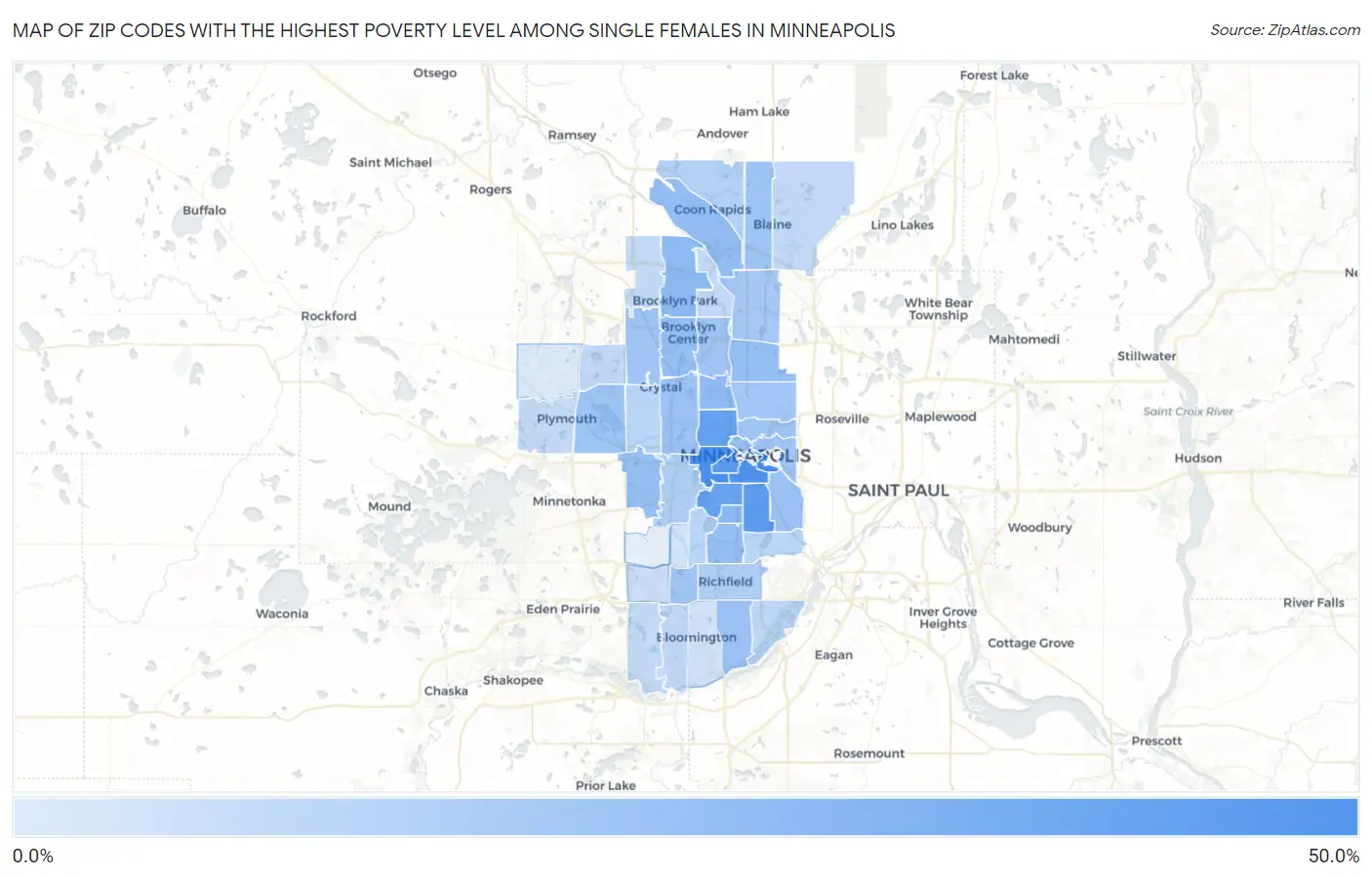 Zip Codes with the Highest Poverty Level Among Single Females in Minneapolis Map