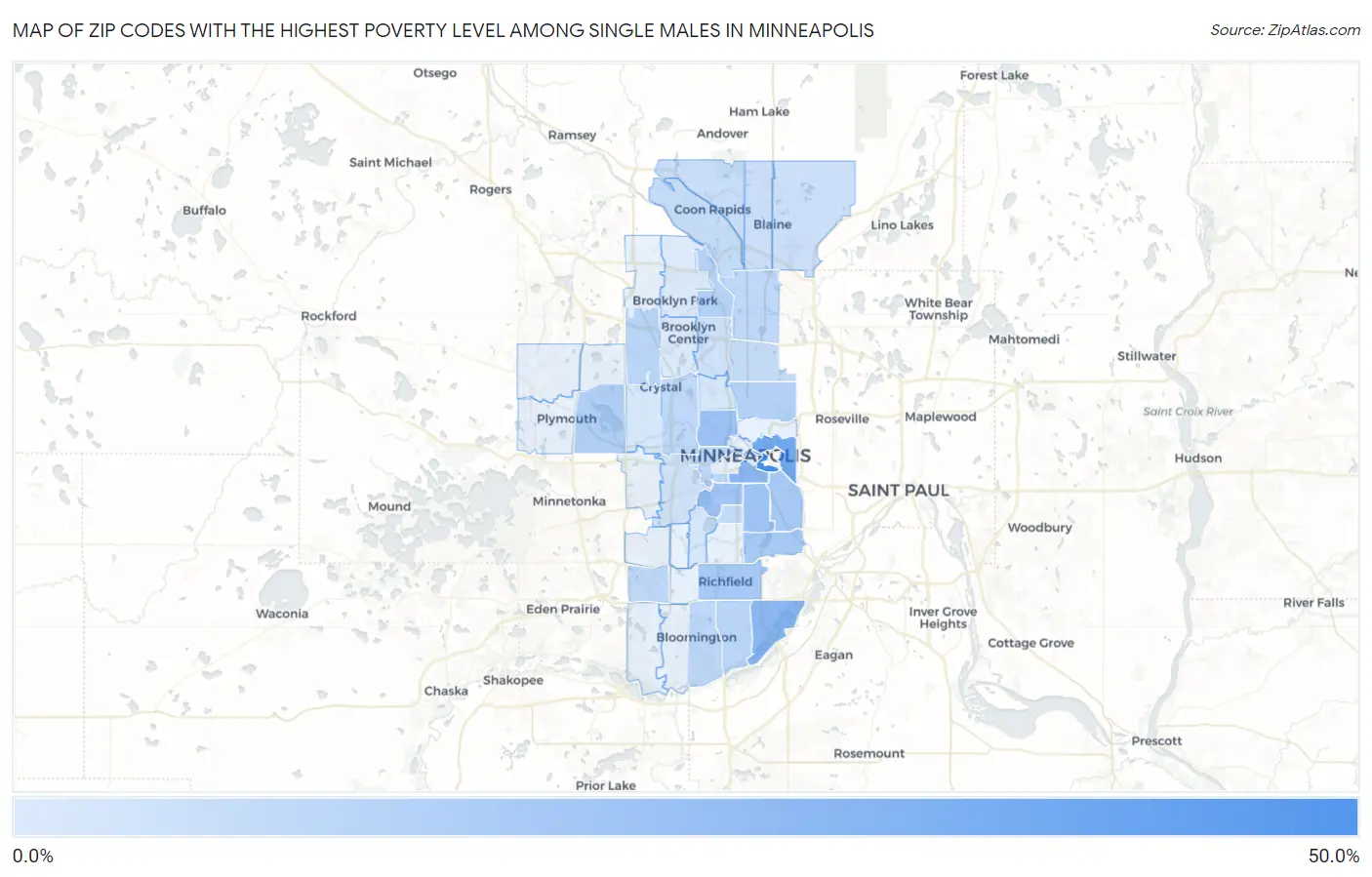 Zip Codes with the Highest Poverty Level Among Single Males in Minneapolis Map