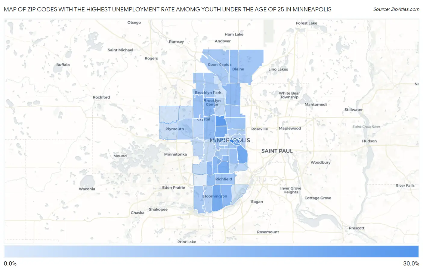 Zip Codes with the Highest Unemployment Rate Amomg Youth Under the Age of 25 in Minneapolis Map