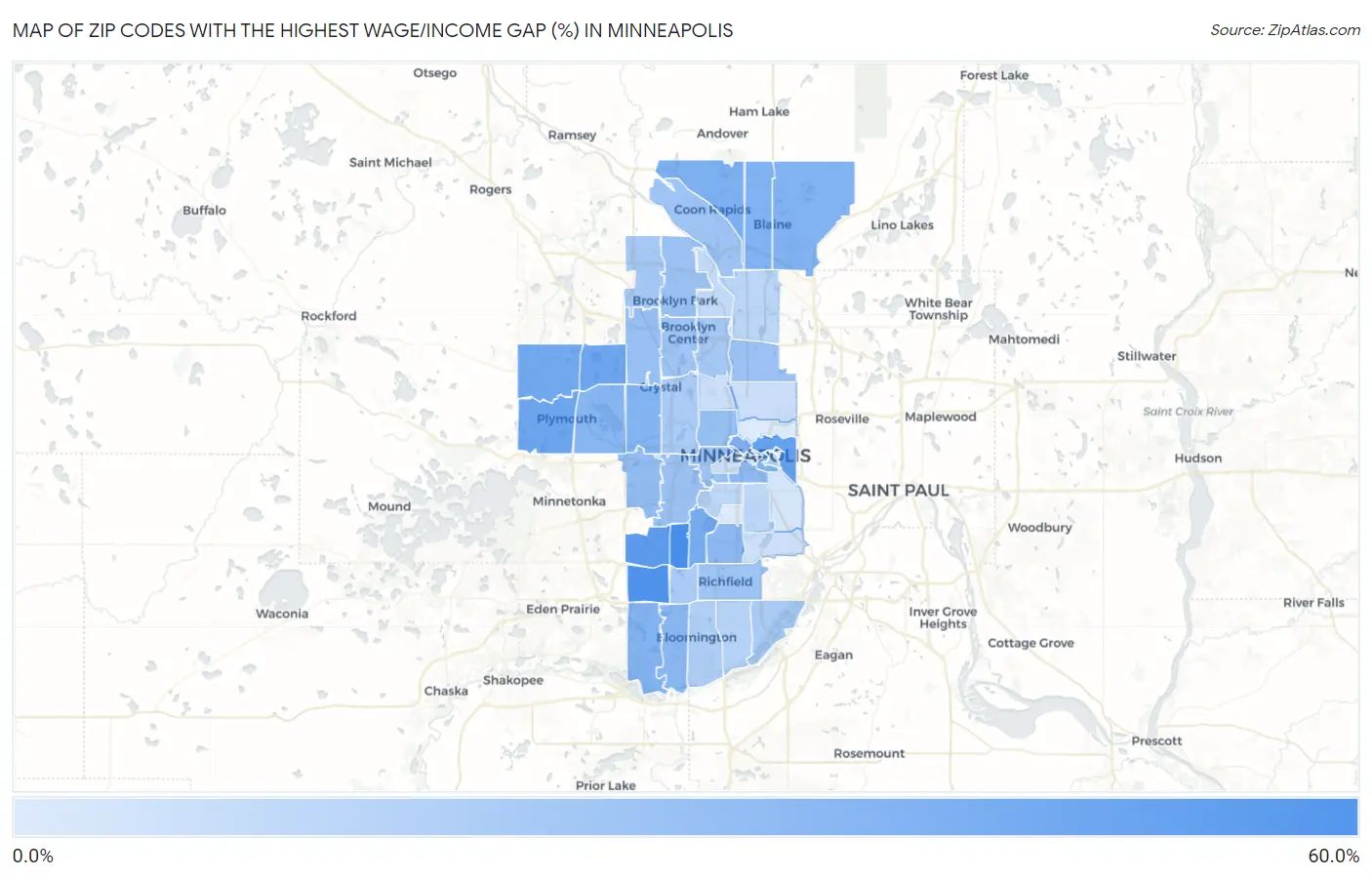 Zip Codes with the Highest Wage/Income Gap (%) in Minneapolis Map