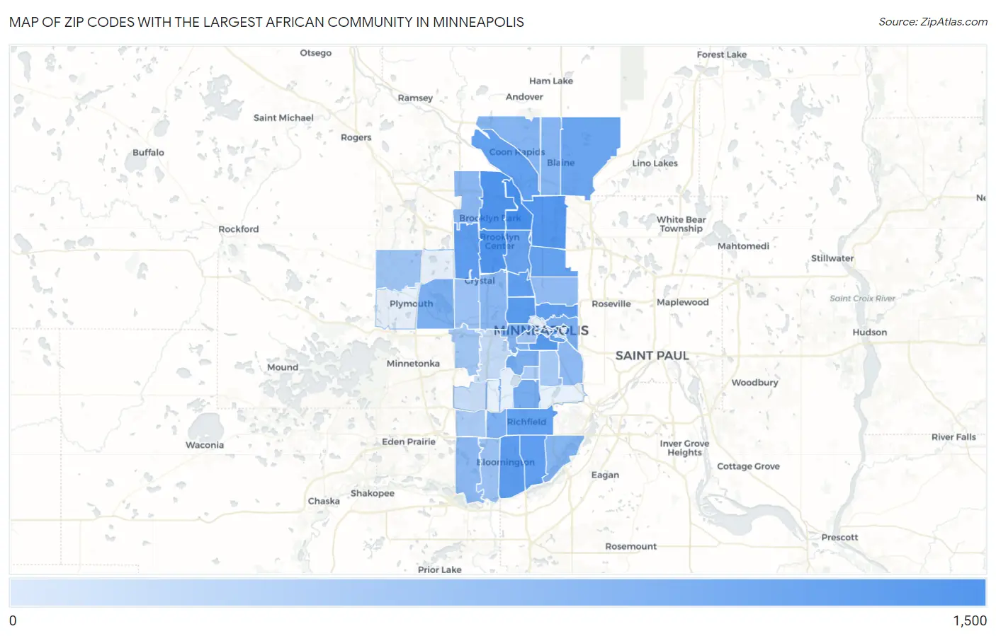 Zip Codes with the Largest African Community in Minneapolis Map