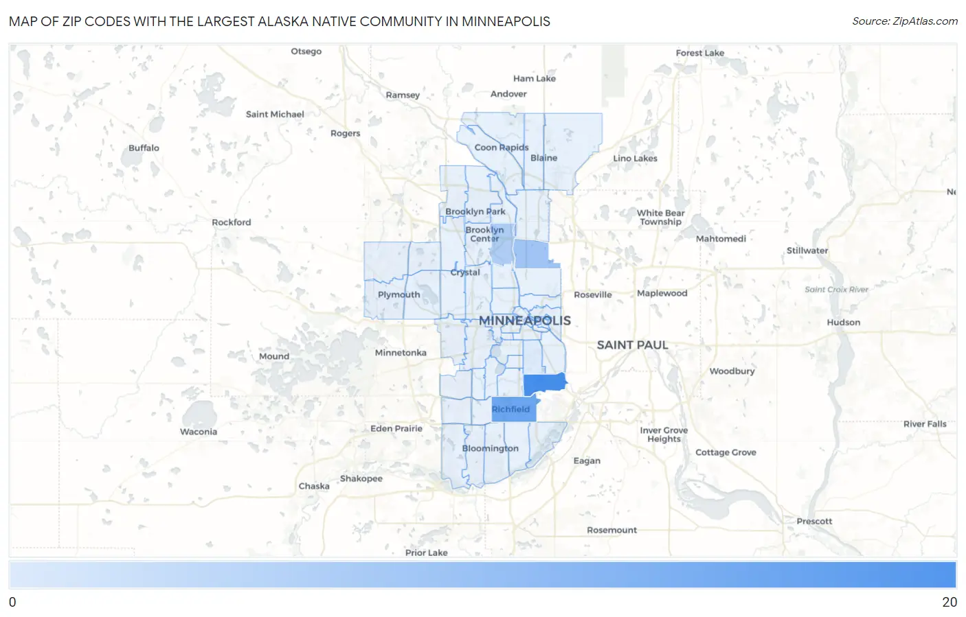 Zip Codes with the Largest Alaska Native Community in Minneapolis Map