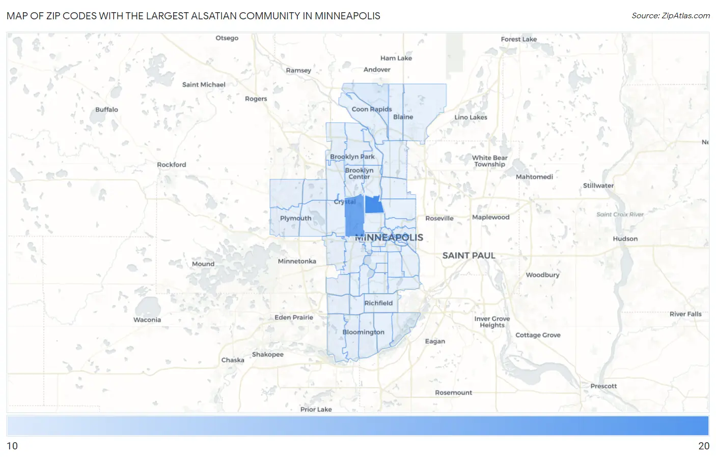 Zip Codes with the Largest Alsatian Community in Minneapolis Map