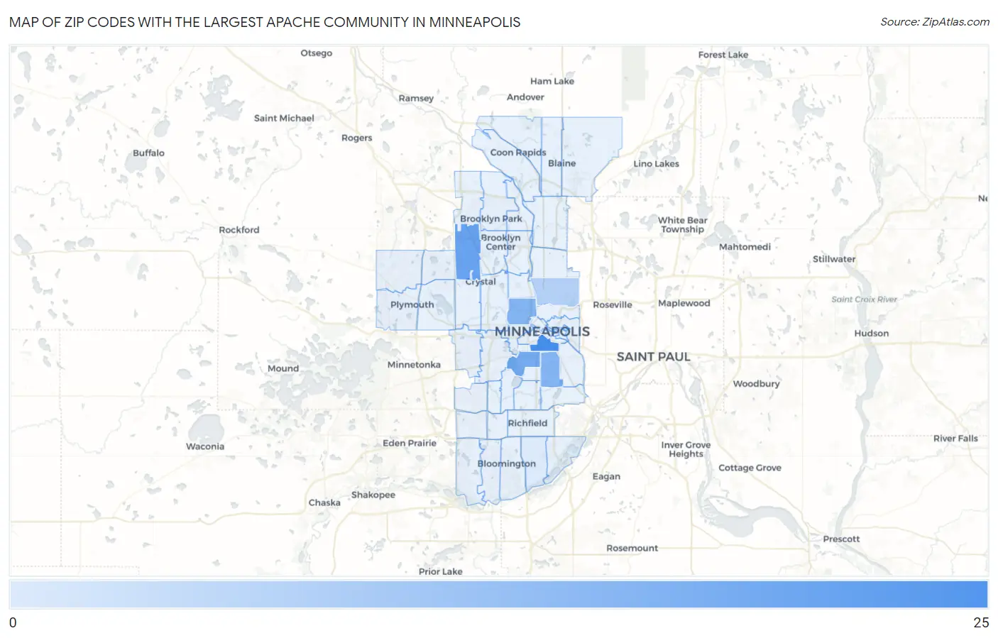 Zip Codes with the Largest Apache Community in Minneapolis Map