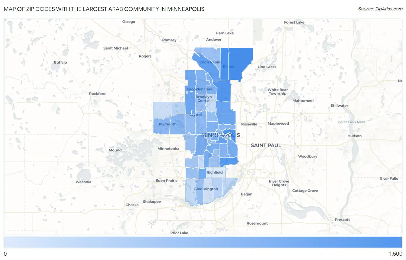 Zip Codes with the Largest Arab Community in Minneapolis Map