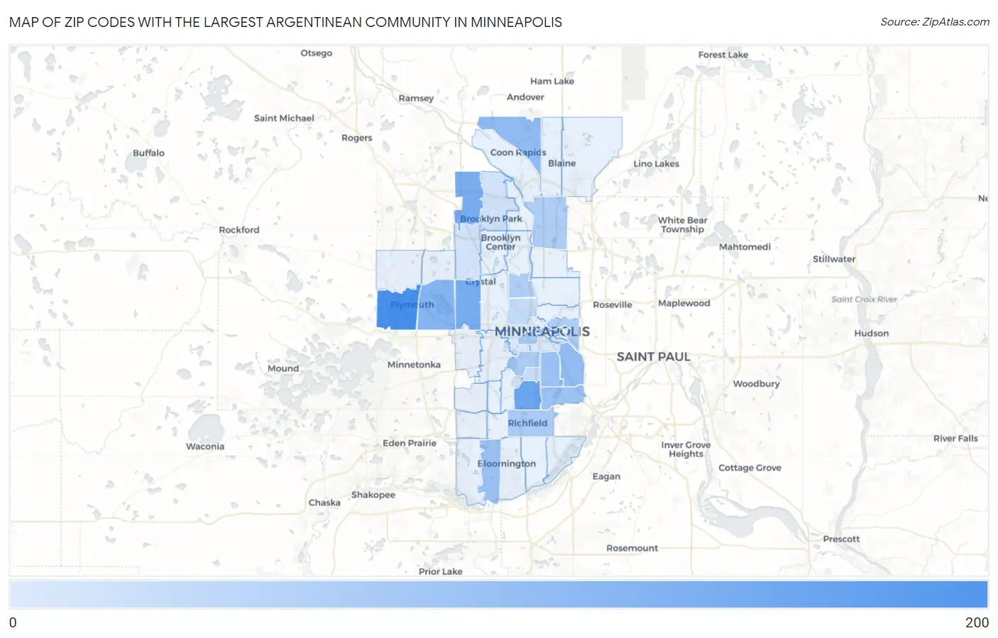 Zip Codes with the Largest Argentinean Community in Minneapolis Map