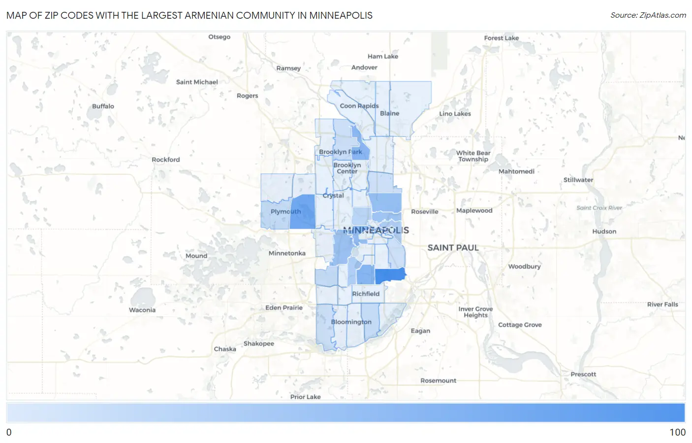 Zip Codes with the Largest Armenian Community in Minneapolis Map