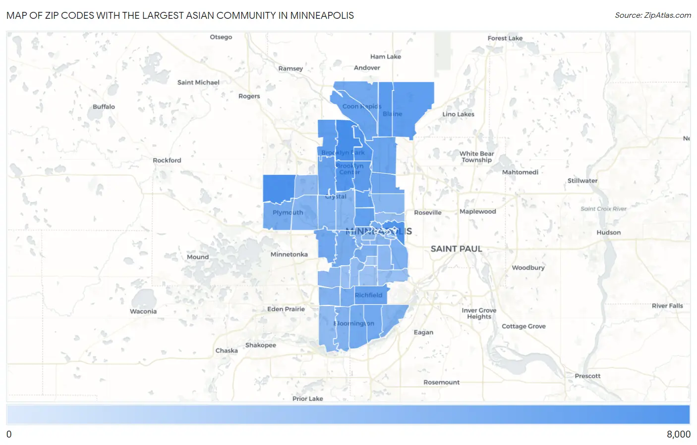Zip Codes with the Largest Asian Community in Minneapolis Map