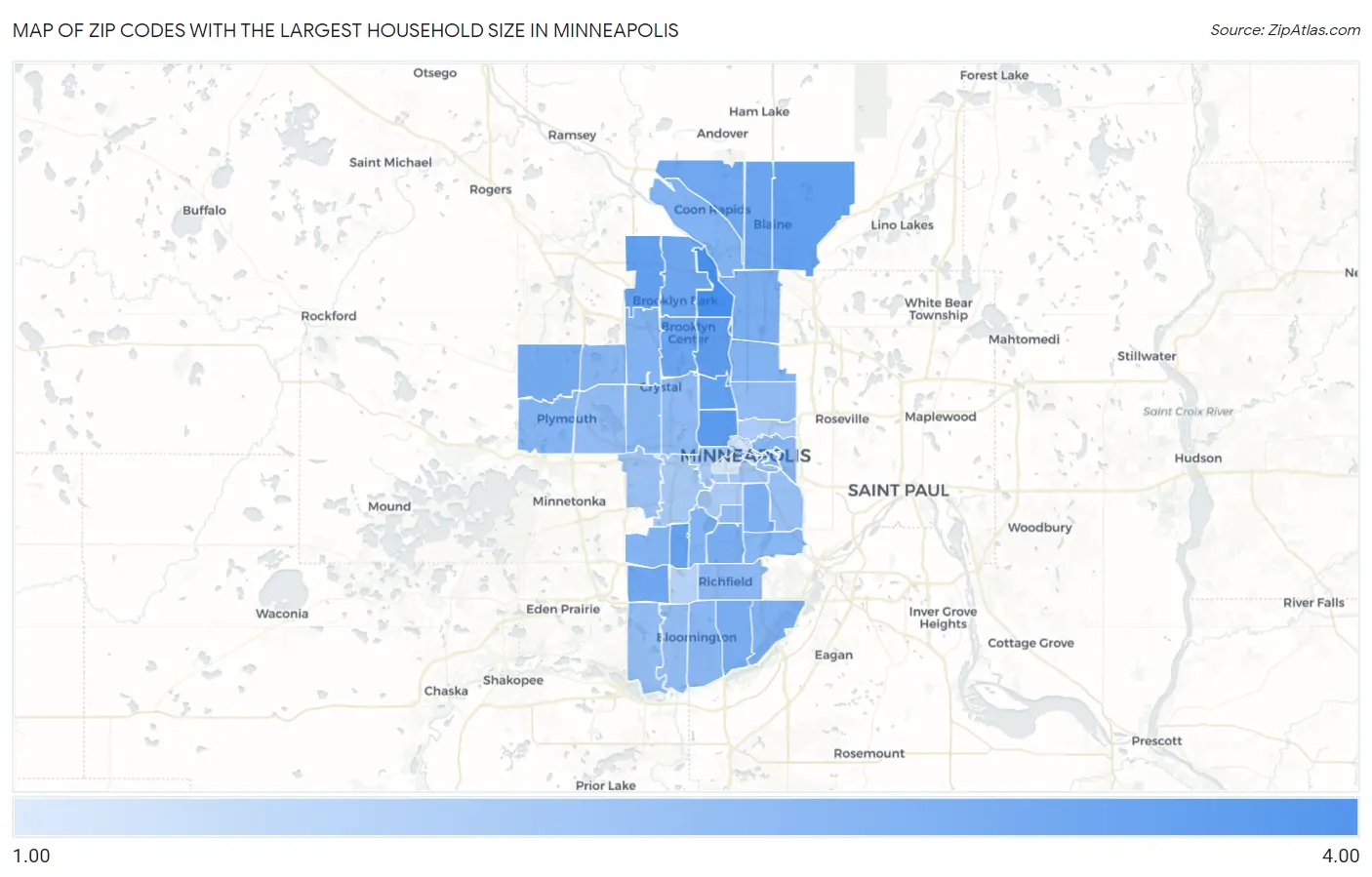 Zip Codes with the Largest Household Size in Minneapolis Map