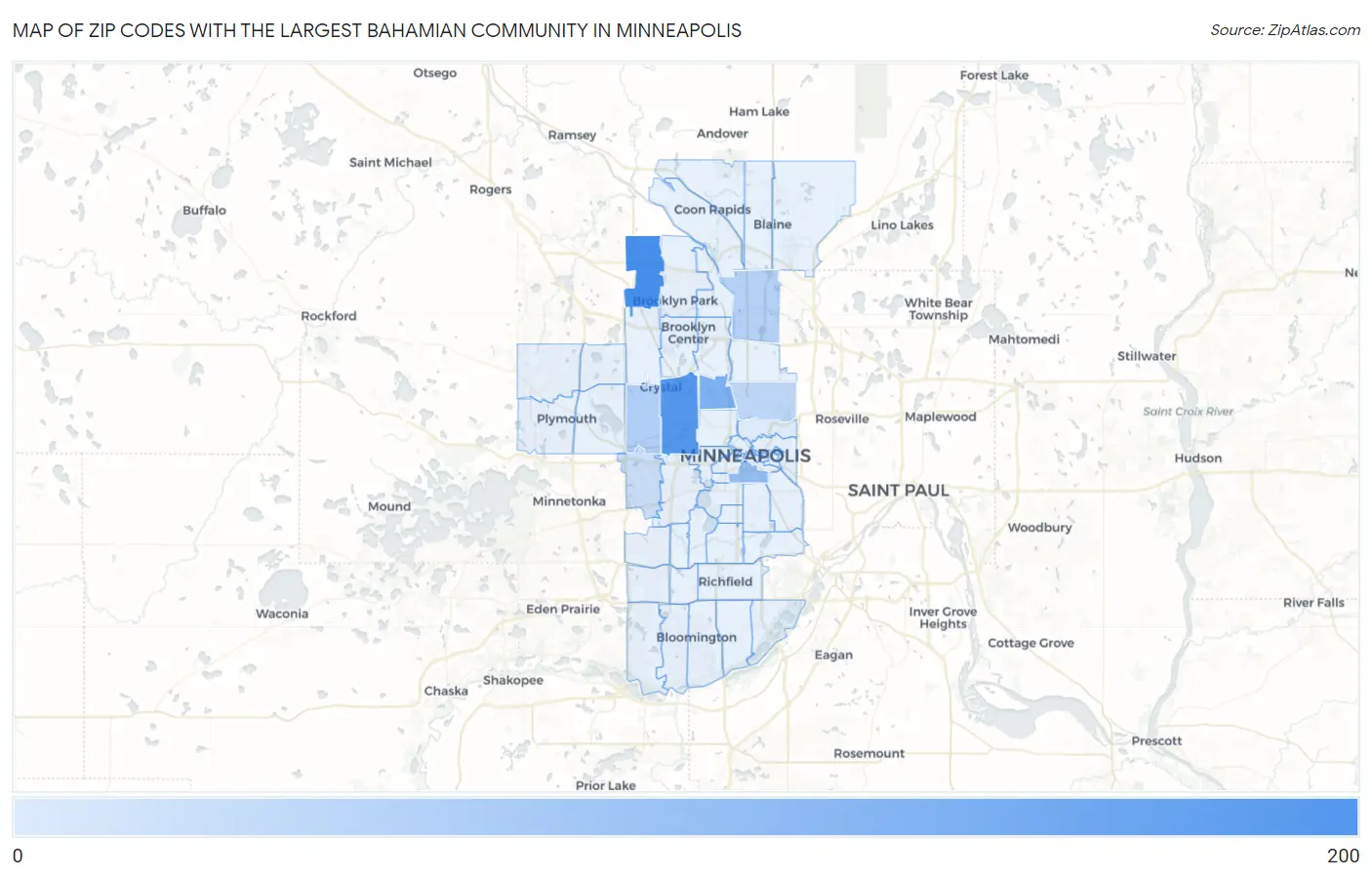 Zip Codes with the Largest Bahamian Community in Minneapolis Map