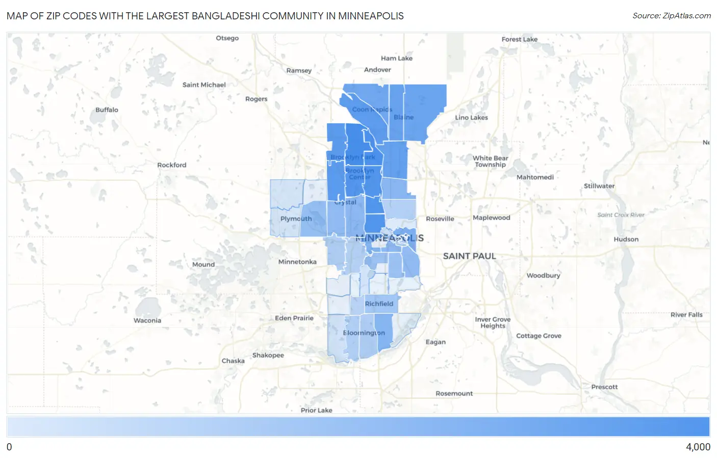 Zip Codes with the Largest Bangladeshi Community in Minneapolis Map