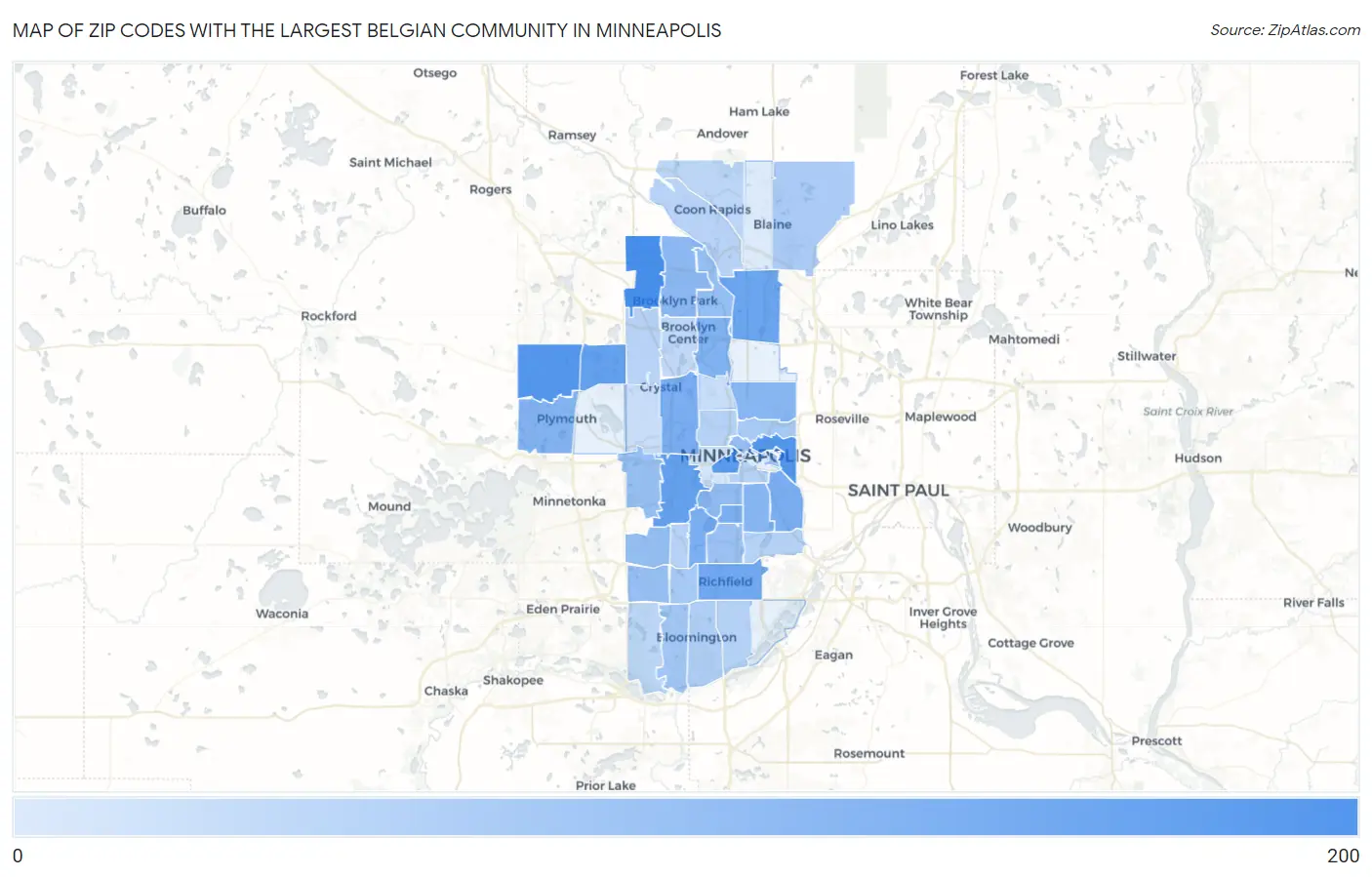 Zip Codes with the Largest Belgian Community in Minneapolis Map