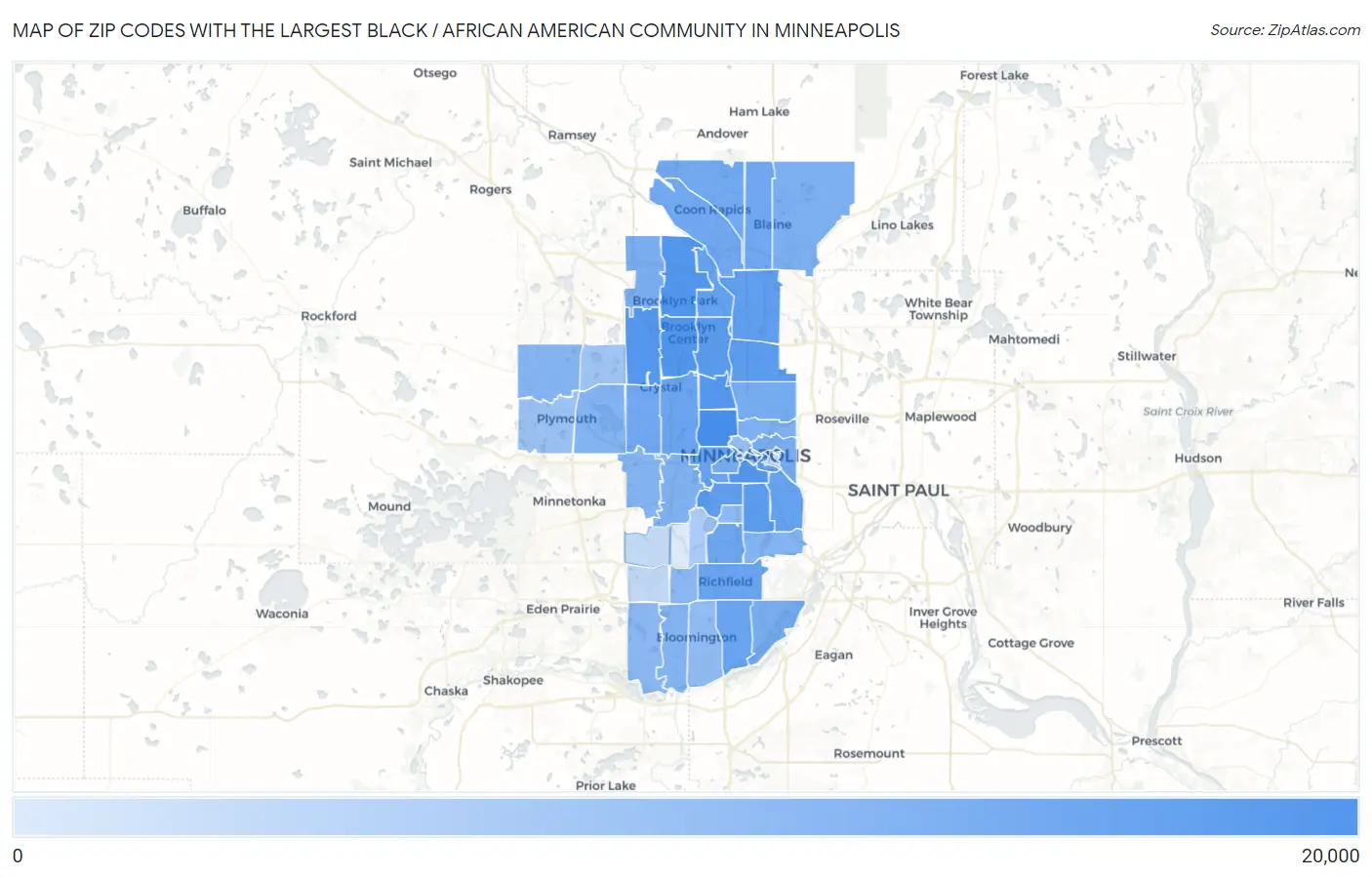 Zip Codes with the Largest Black / African American Community in Minneapolis Map