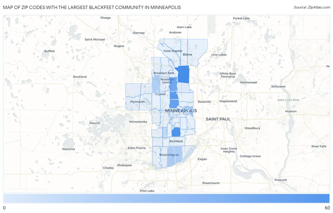 Zip Codes with the Largest Blackfeet Community in Minneapolis Map