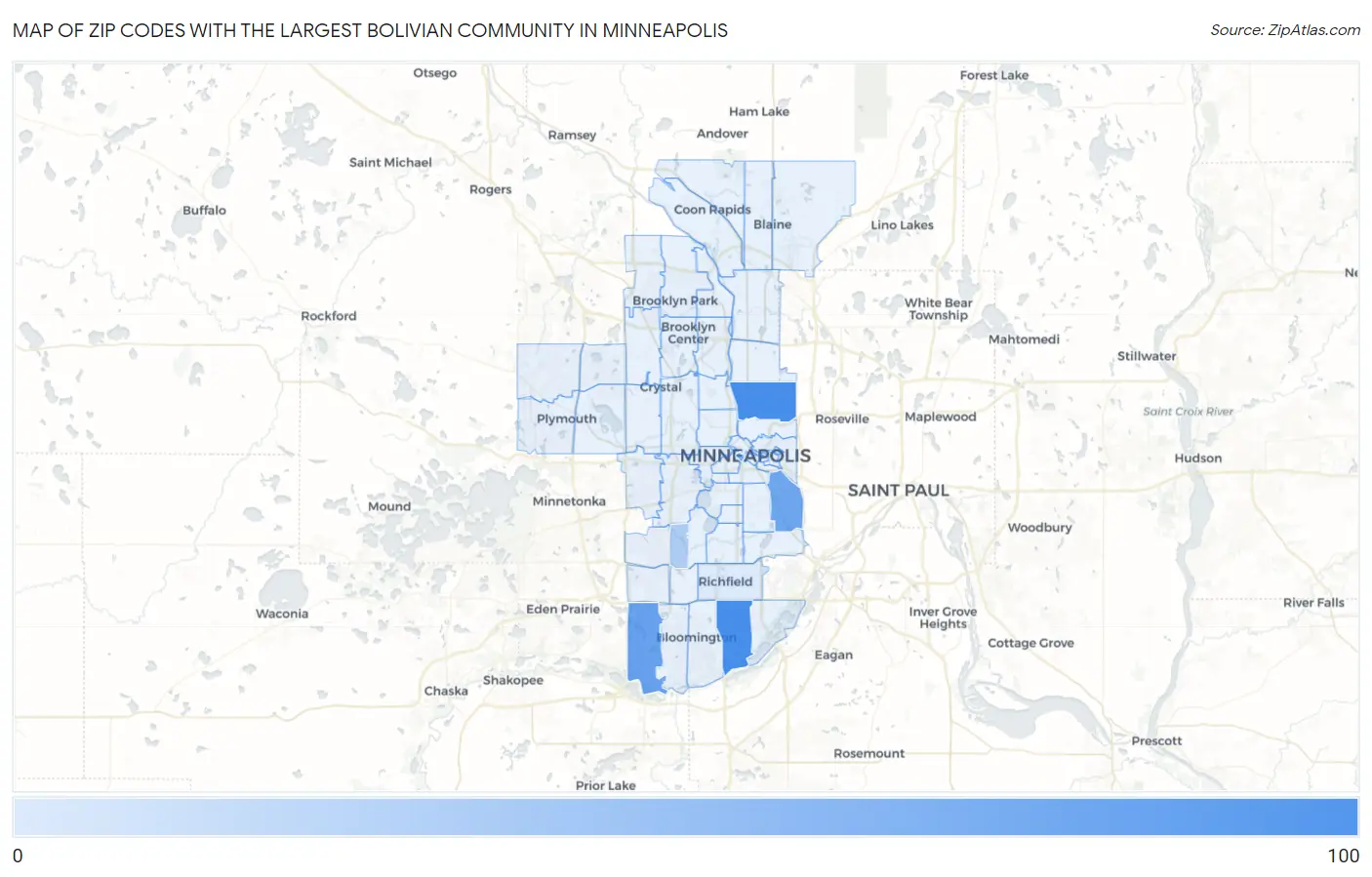 Zip Codes with the Largest Bolivian Community in Minneapolis Map