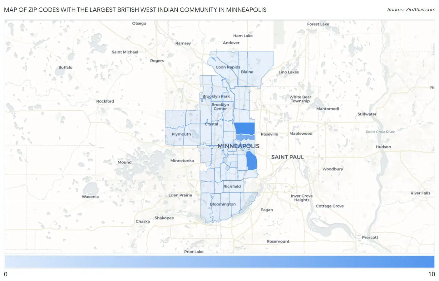 Zip Codes with the Largest British West Indian Community in Minneapolis Map