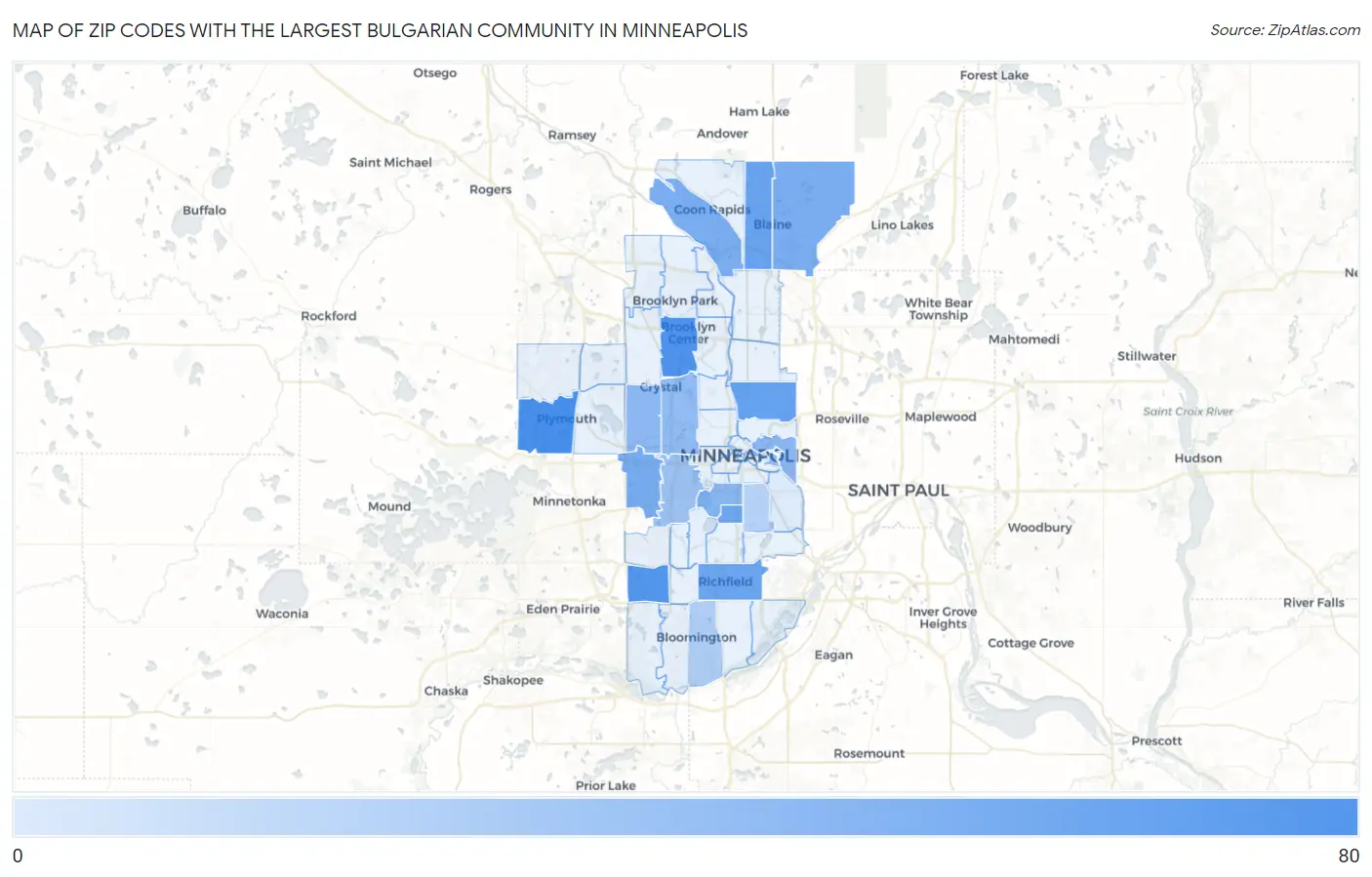 Zip Codes with the Largest Bulgarian Community in Minneapolis Map