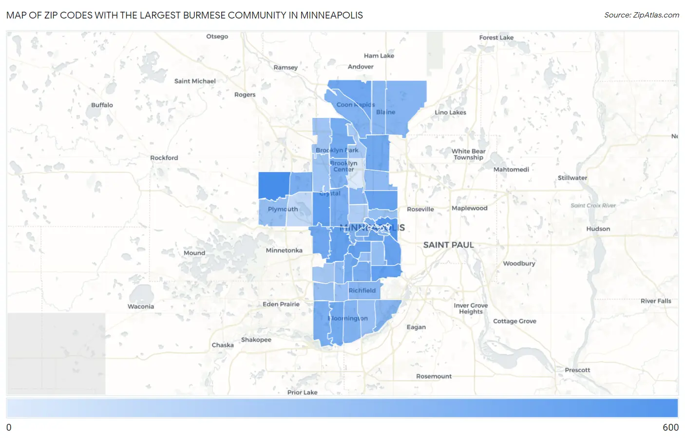 Zip Codes with the Largest Burmese Community in Minneapolis Map