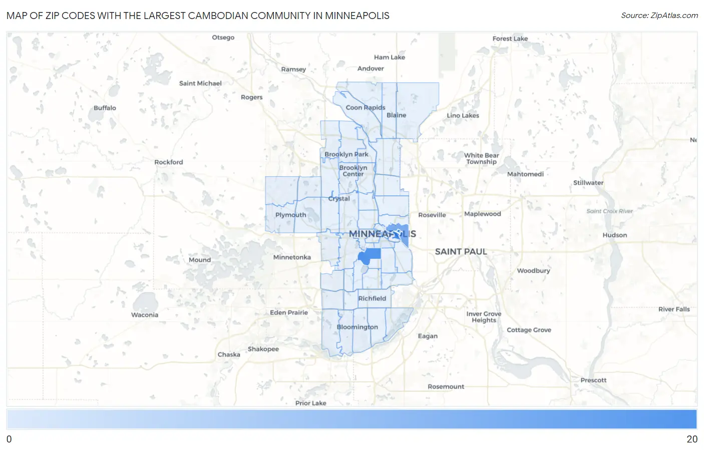 Zip Codes with the Largest Cambodian Community in Minneapolis Map
