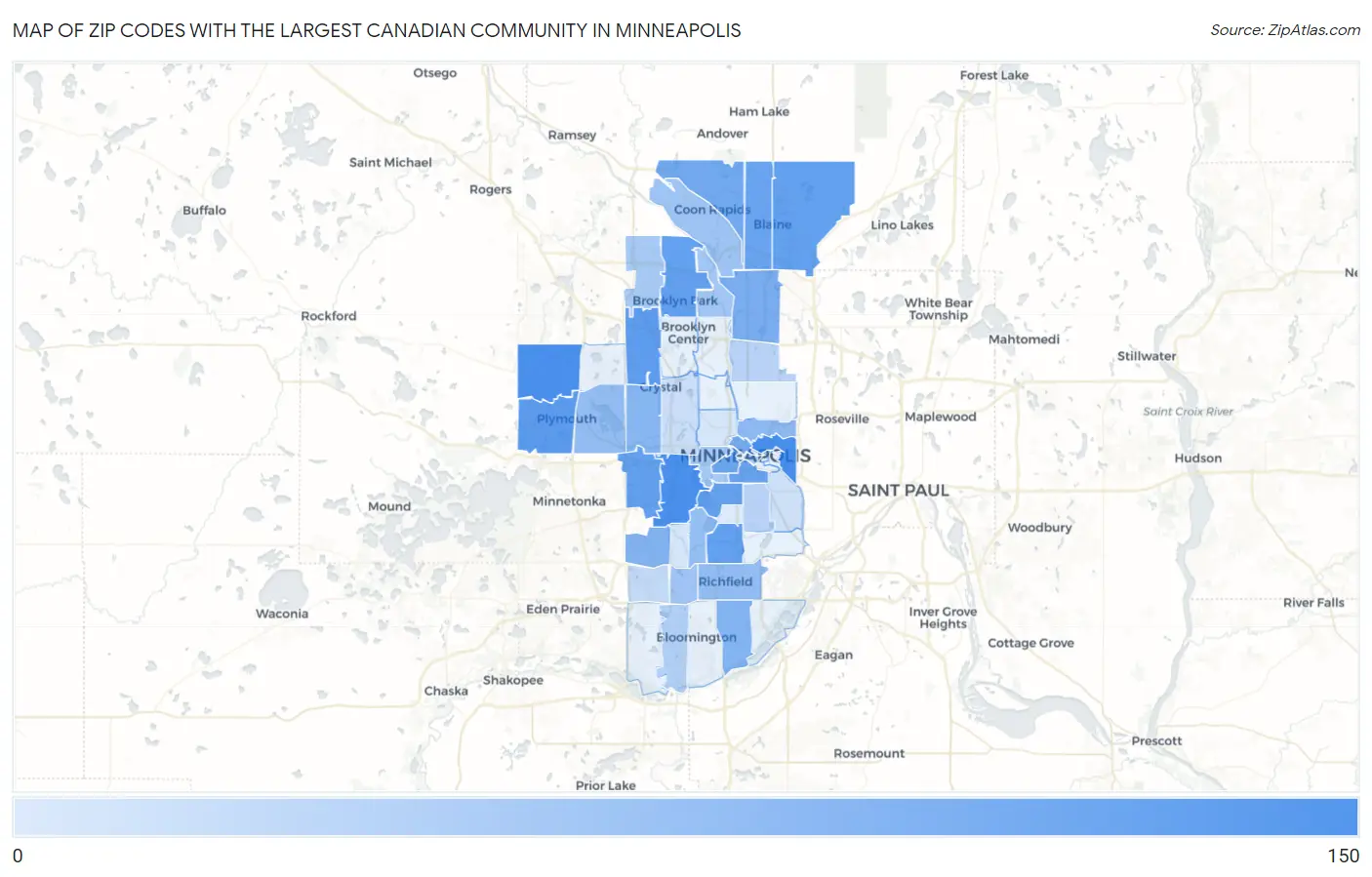 Zip Codes with the Largest Canadian Community in Minneapolis Map