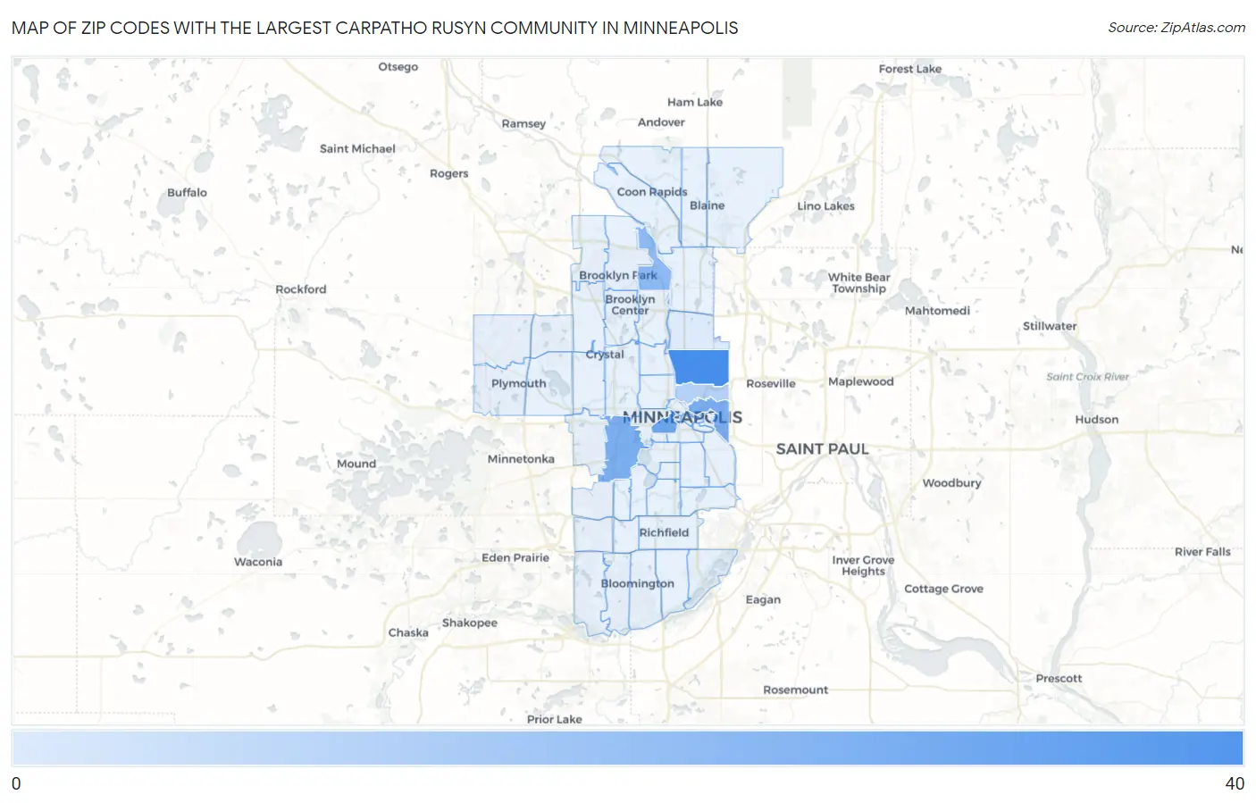 Zip Codes with the Largest Carpatho Rusyn Community in Minneapolis Map