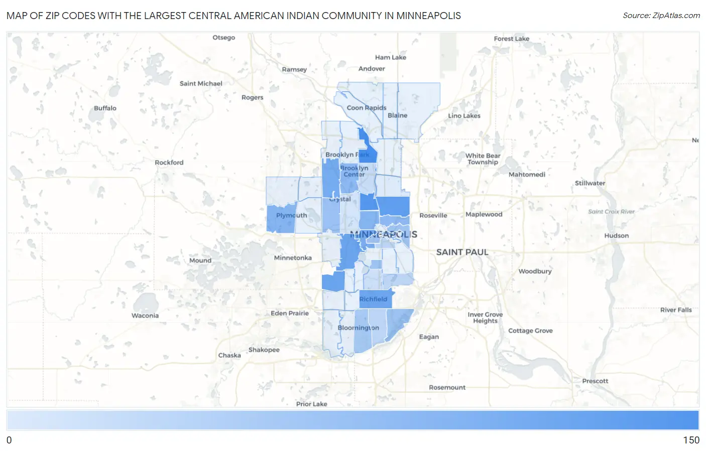 Zip Codes with the Largest Central American Indian Community in Minneapolis Map