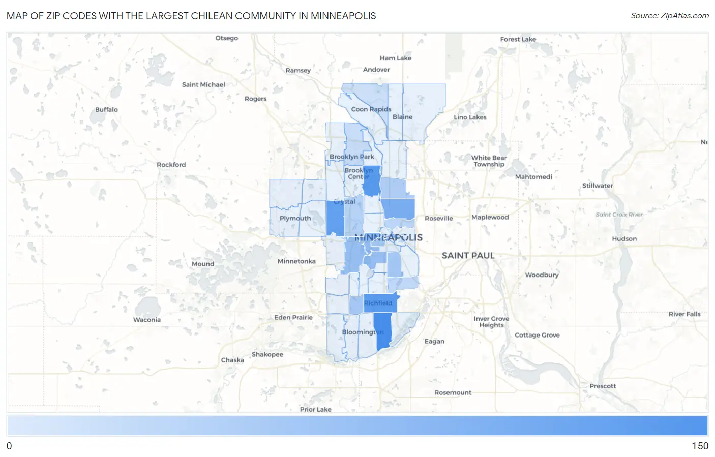 Zip Codes with the Largest Chilean Community in Minneapolis Map
