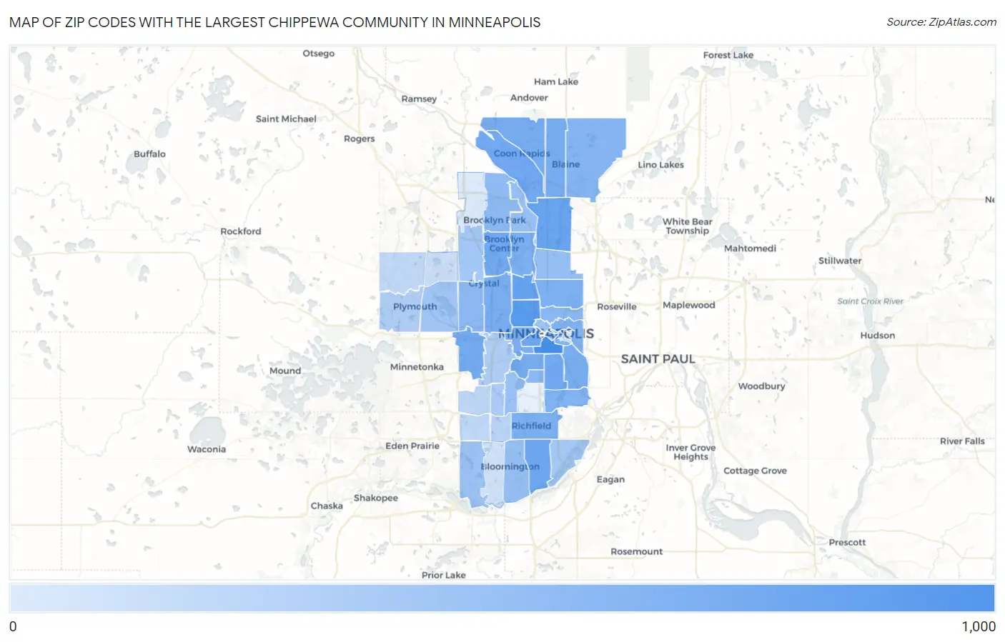 Zip Codes with the Largest Chippewa Community in Minneapolis Map