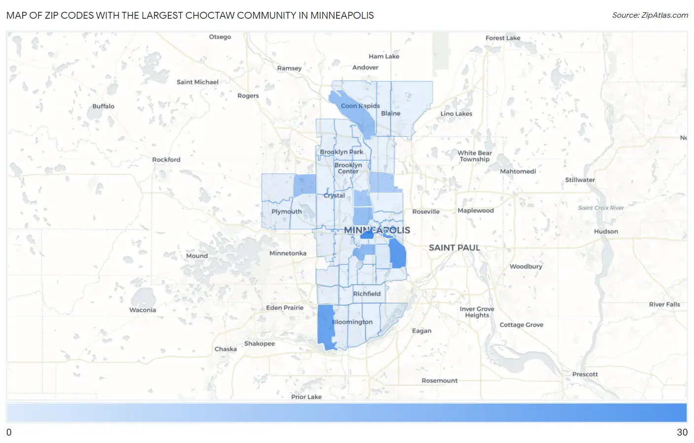 Zip Codes with the Largest Choctaw Community in Minneapolis Map