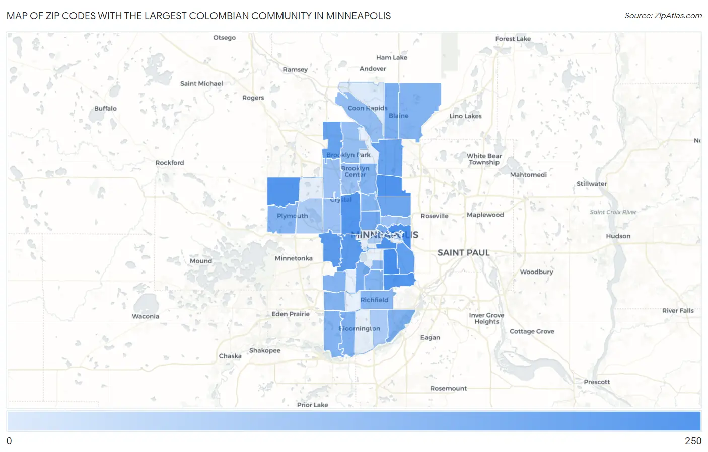 Zip Codes with the Largest Colombian Community in Minneapolis Map