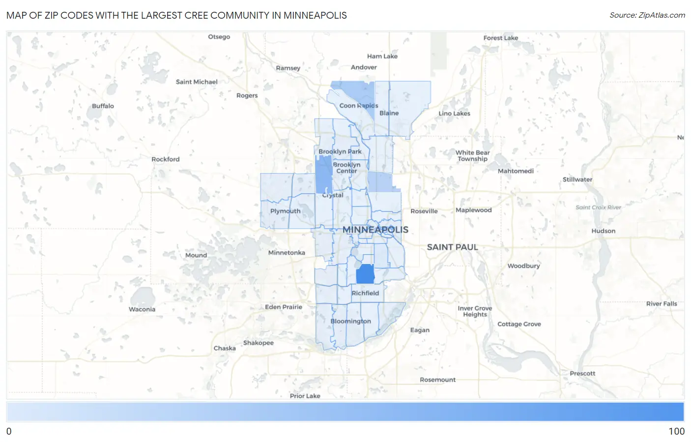 Zip Codes with the Largest Cree Community in Minneapolis Map