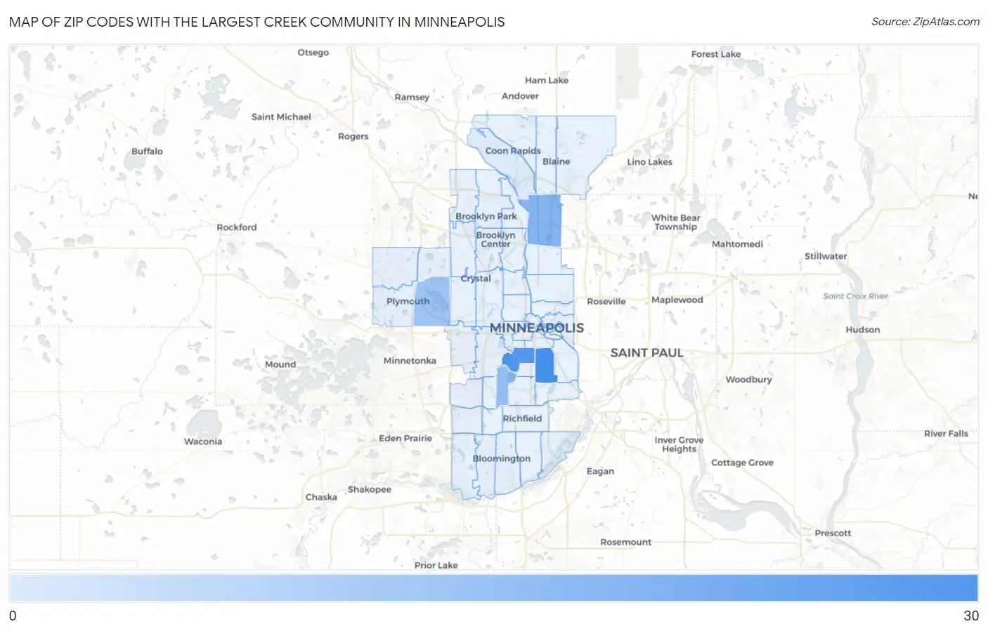 Zip Codes with the Largest Creek Community in Minneapolis Map