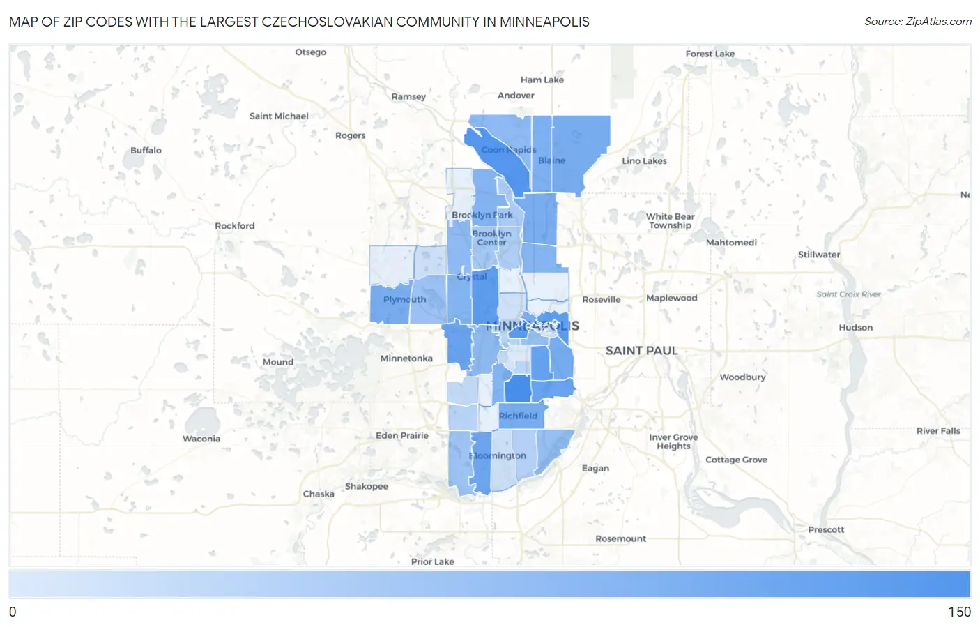 Zip Codes with the Largest Czechoslovakian Community in Minneapolis Map